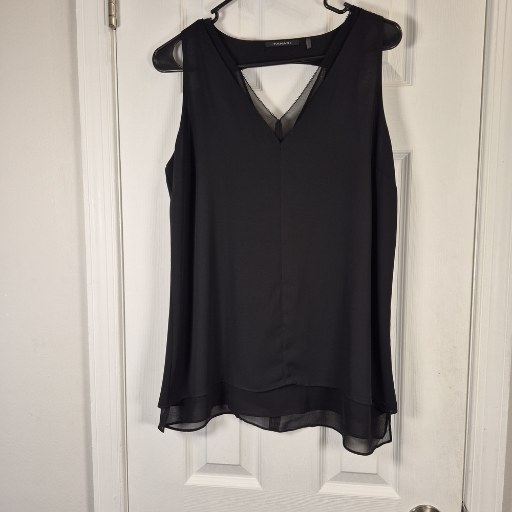 Tahari Black V-Neck Mesh Trim Blouse XS Quiet Luxury Minimalist Career Top